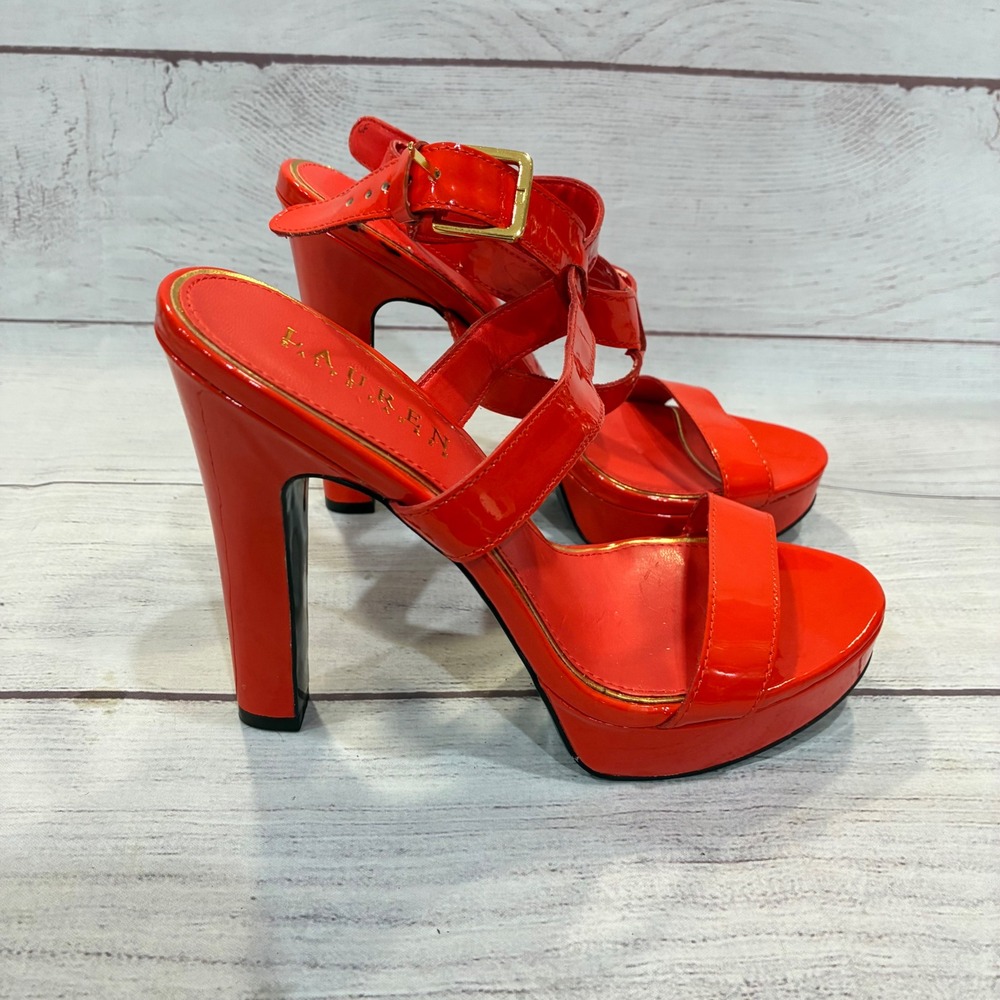 Lauren Ralph Lauren Faythe Platform Sandals Womens 6B Orange Patent NWOT